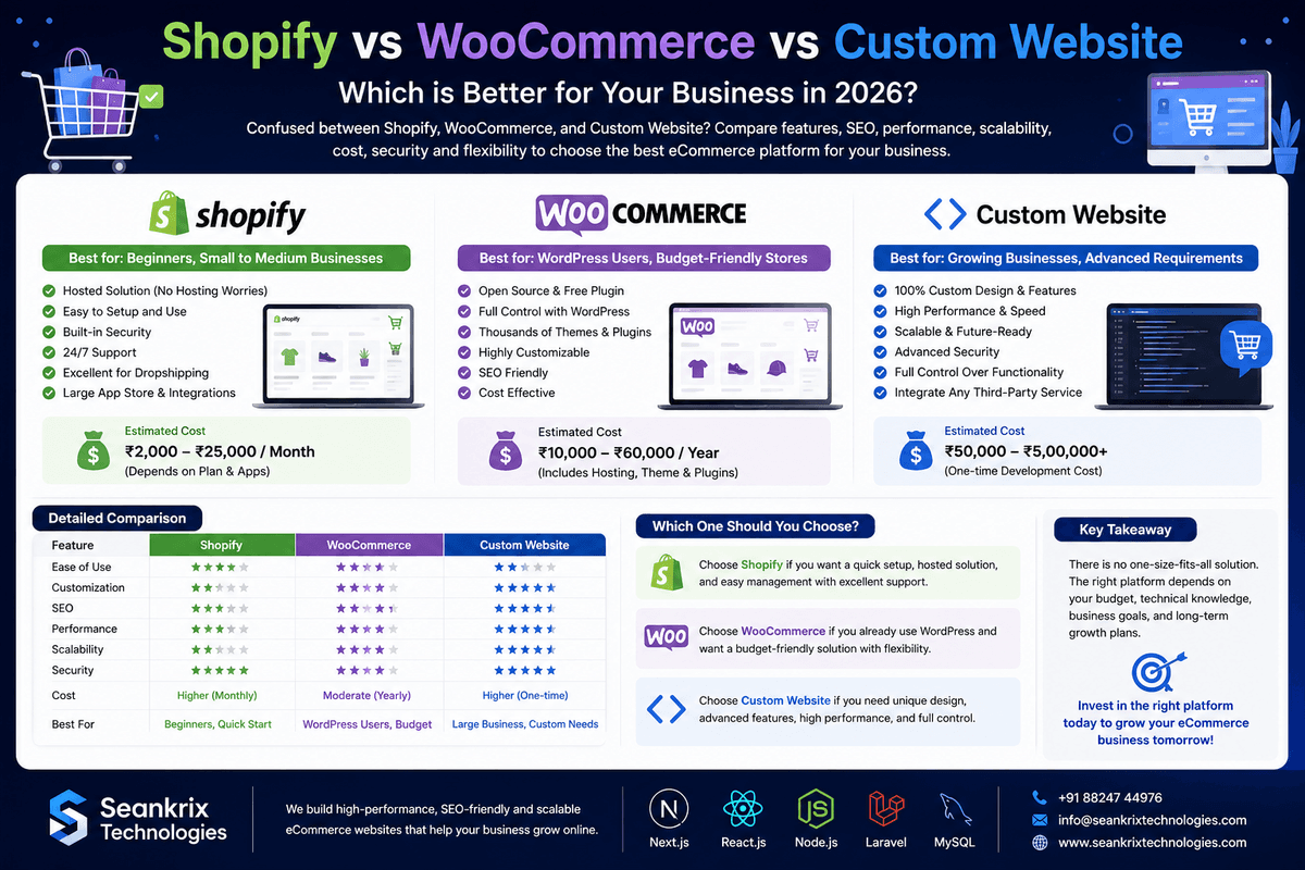 Shopify vs WooCommerce vs Custom Website – Which is Best in 2026?